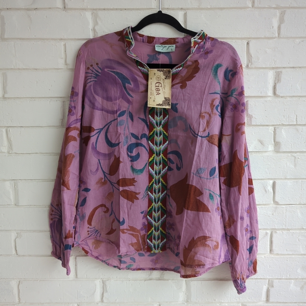 Vintage Goa Embroidered Floral Boho Peasant Top Blouse Light 100% Cotton L